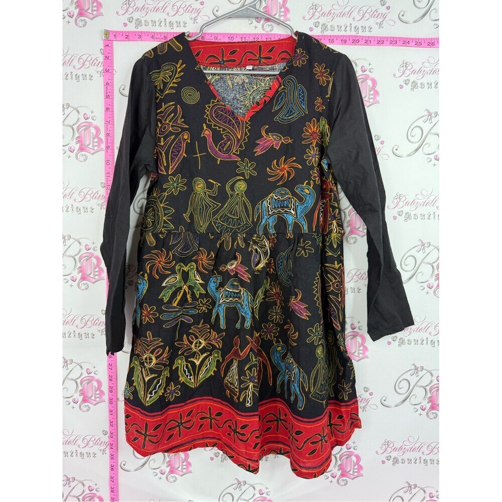 Dress Boho Embroidered V-Neck Womens Dress in Black with Multicolor Motifs